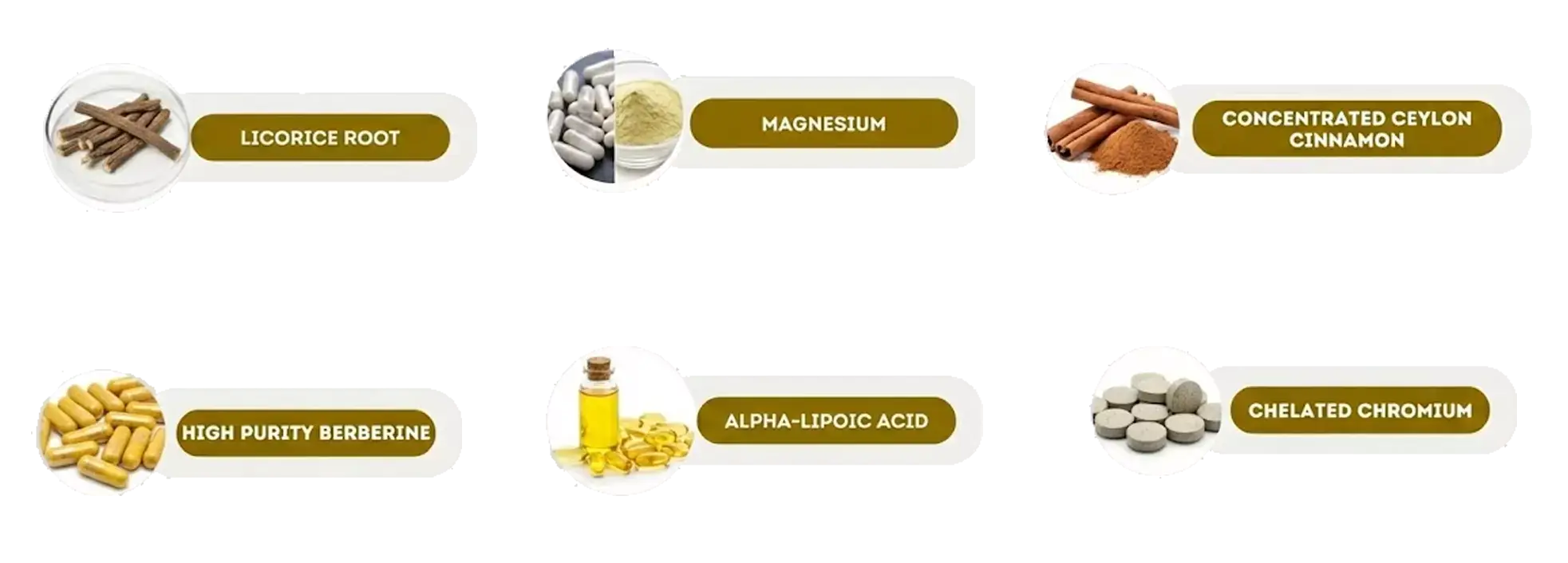 The six Black Sugar Protect ingredients: licorice root, chelated chromium, alpha-lipoic acid, berberine, Ceylon cinnamon and magnesium